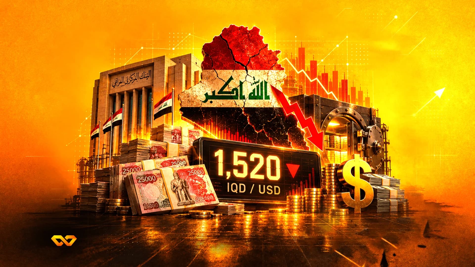Collage with Iraq map, Central Bank building, Iraqi Dinar stacks, and a digital display showing 1,520 IQD/USD.