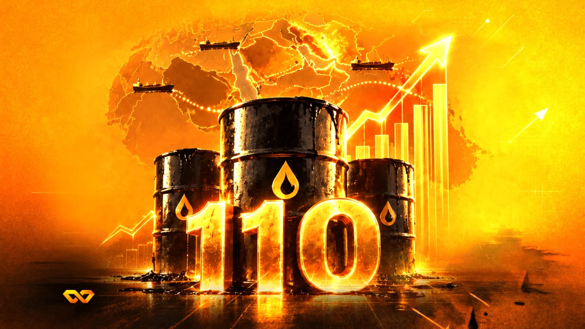 Three black oil barrels behind a glowing orange number 110, with a rising bar chart and world map in the background.