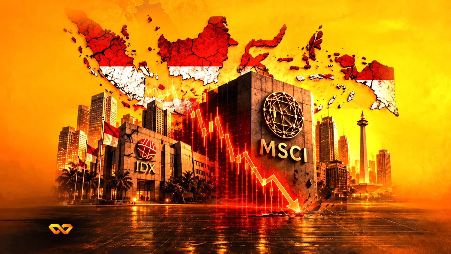Map of Indonesia above IDX and MSCI buildings with a red downward candlestick chart crashing into the ground.