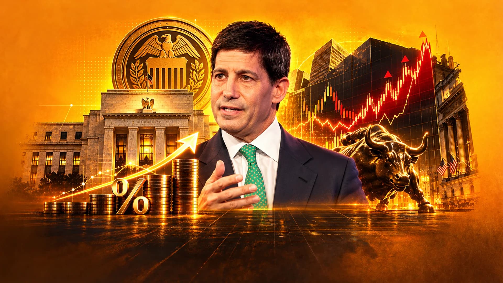 Man in a suit in front of the Federal Reserve building, a bull statue, and a rising stock market chart.