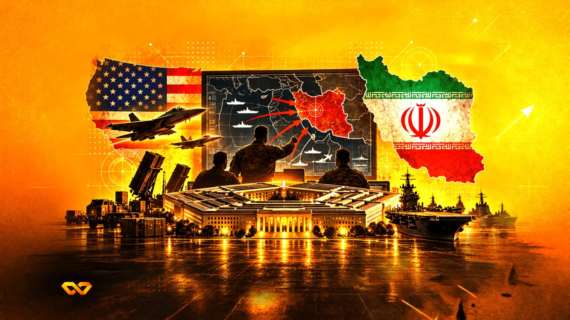 Digital art of US and Iran flags, military personnel, the Pentagon, and warships on a fiery orange background.