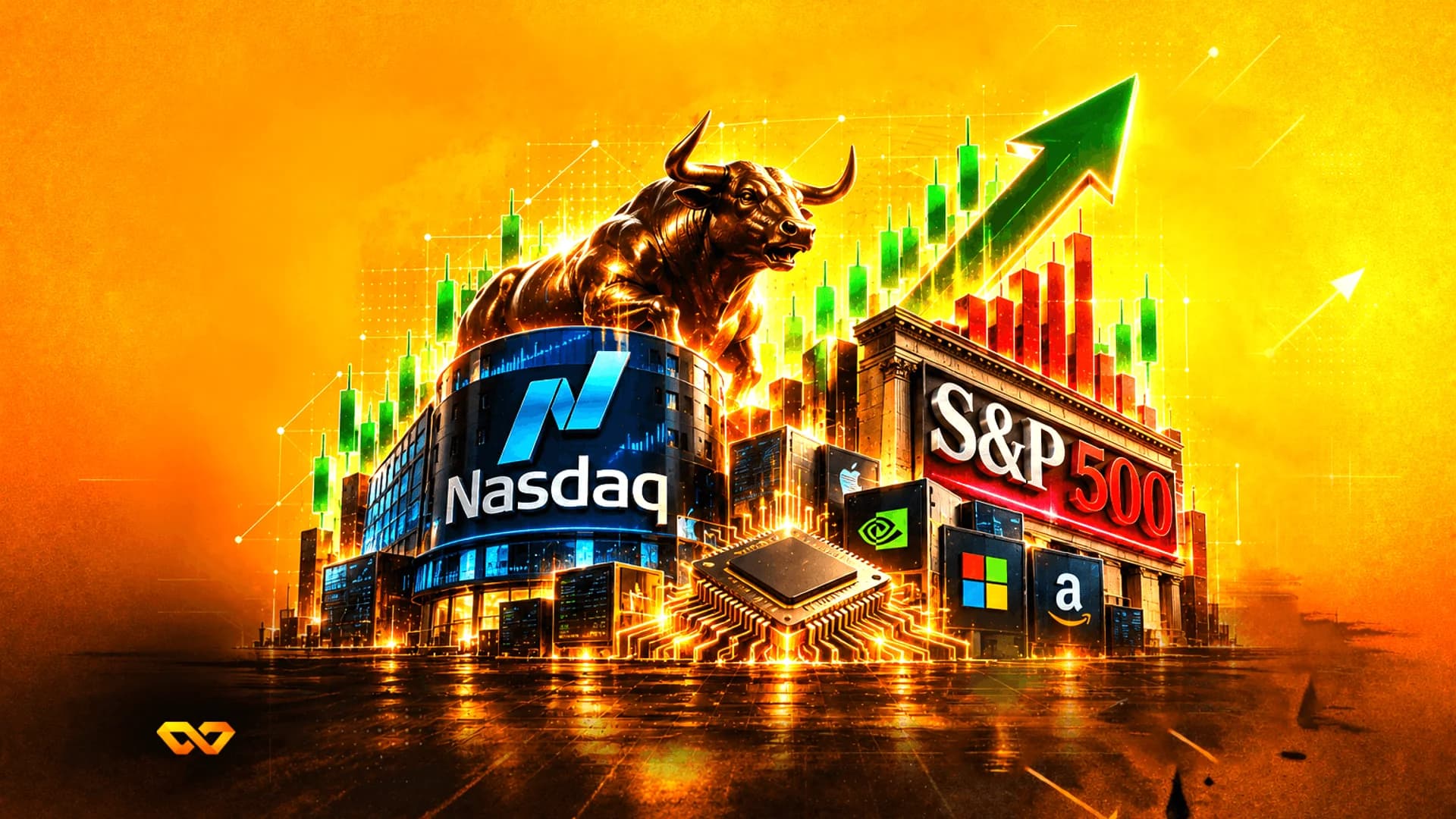 Golden bull statue with a green upward arrow, stock charts, and logos for Nasdaq, S&P 500, and major tech firms.