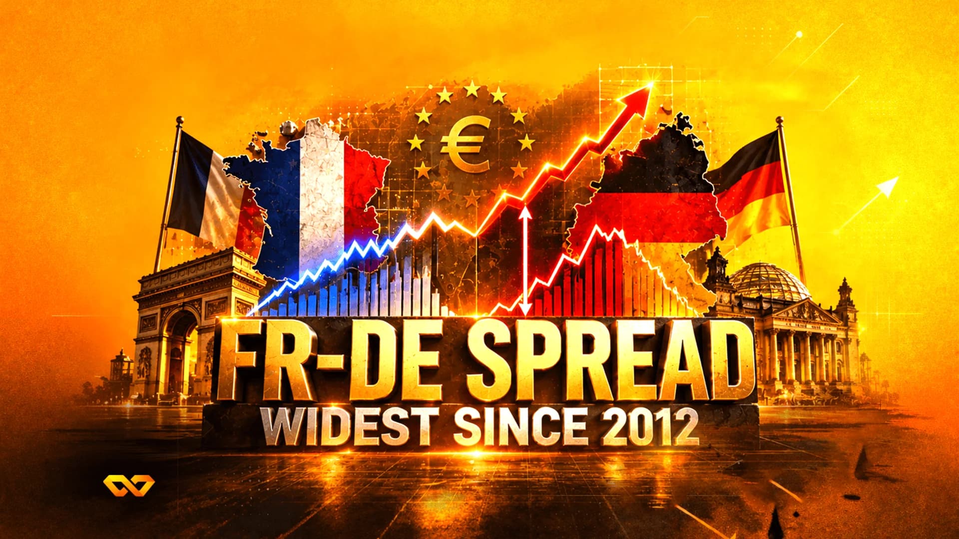 رسم بياني يضم أعلام وخرائط فرنسا وألمانيا، معالم معمارية، ومخطط خطي صاعد مع نص 'FR-DE SPREAD'.