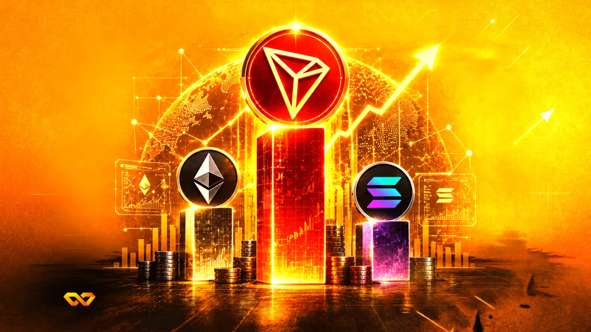 Tron, Ethereum, and Solana logos on glowing pedestals against a golden digital background with charts and arrows.