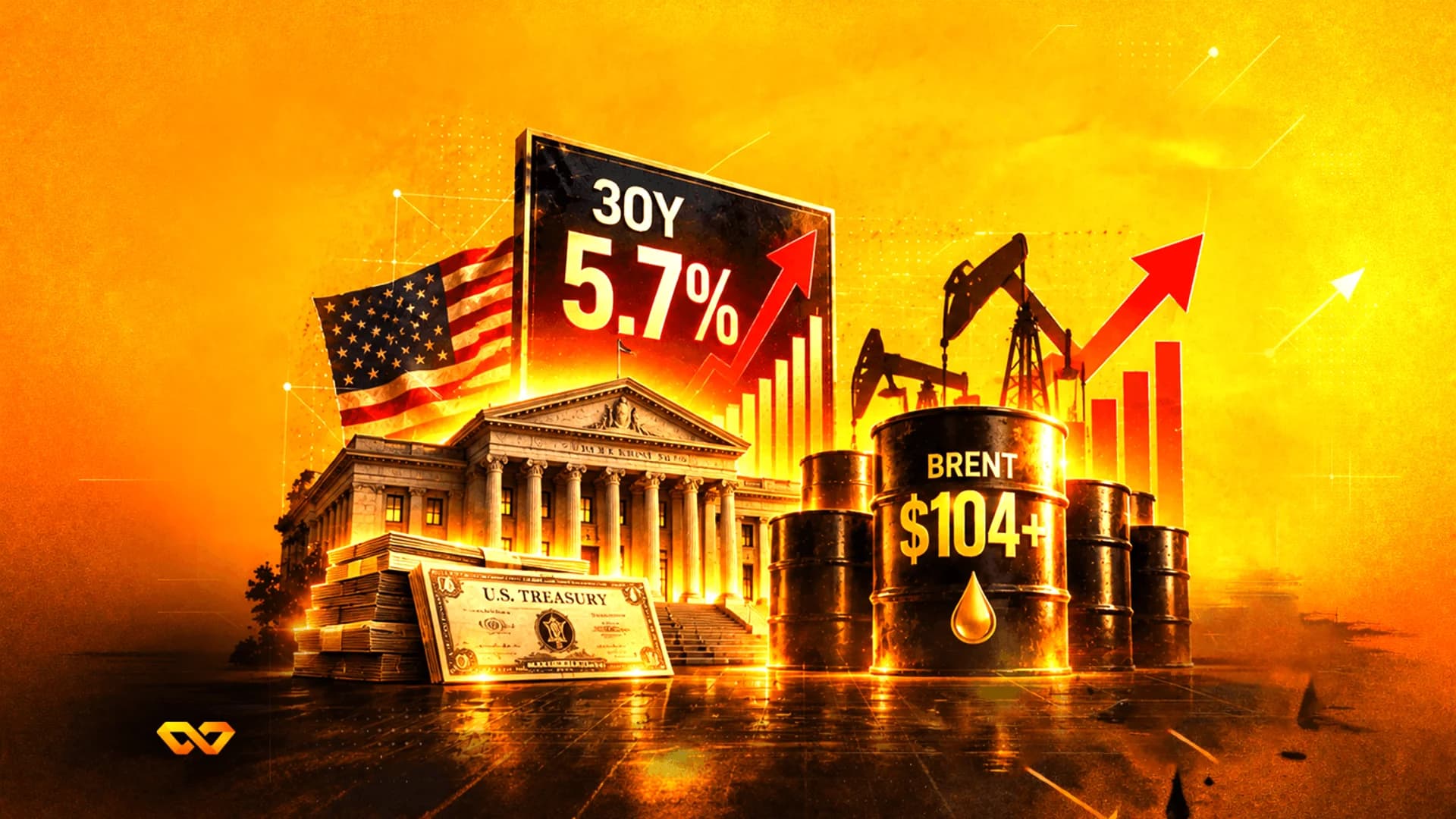US flag, Treasury building, 30-year yield display at 5.7%, and Brent oil barrels at $104 with pumpjacks.