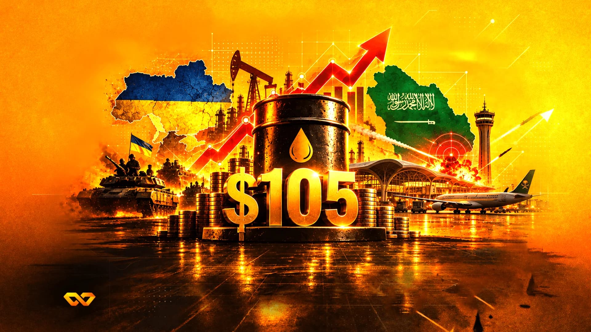 Oil barrel with $105 text, upward red arrow, maps of Ukraine and Saudi Arabia, a tank, and an airplane.