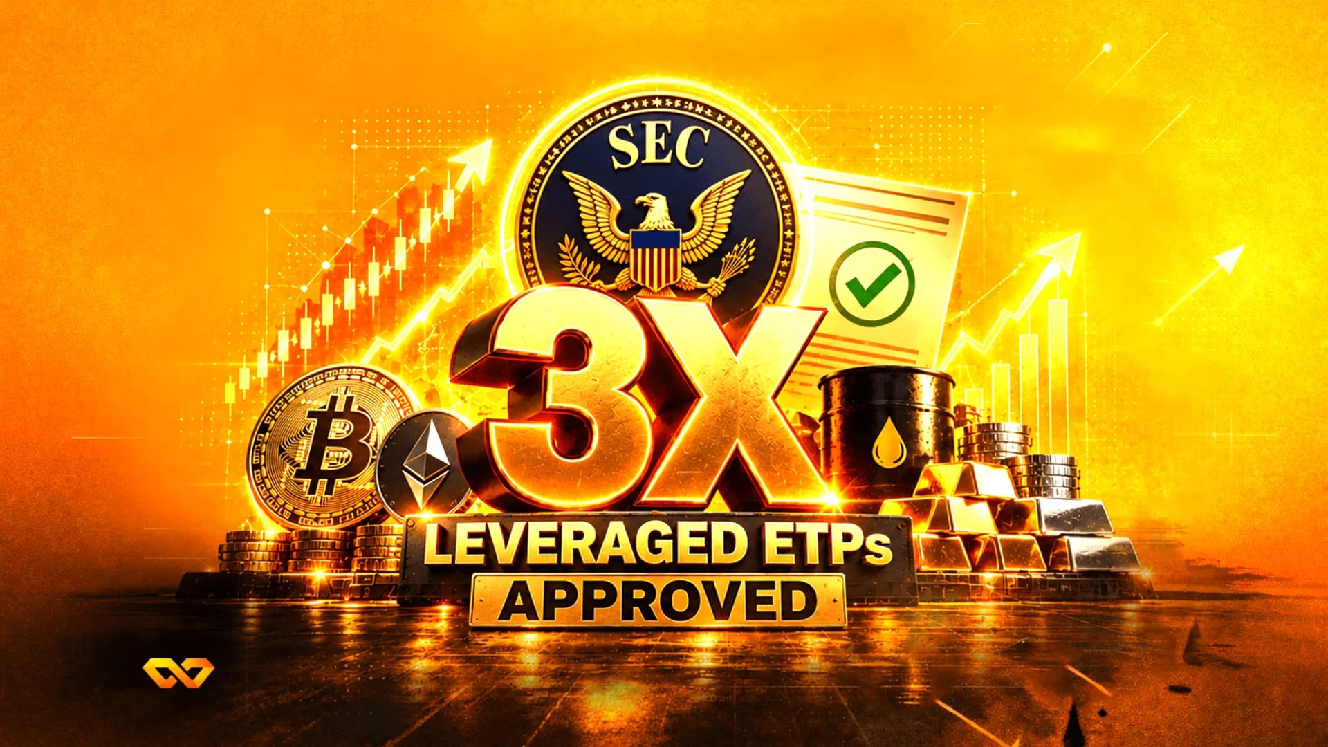 3D gold text '3X LEVERAGED ETPs APPROVED' with SEC seal, Bitcoin and Ethereum coins, gold bars, and an oil barrel.