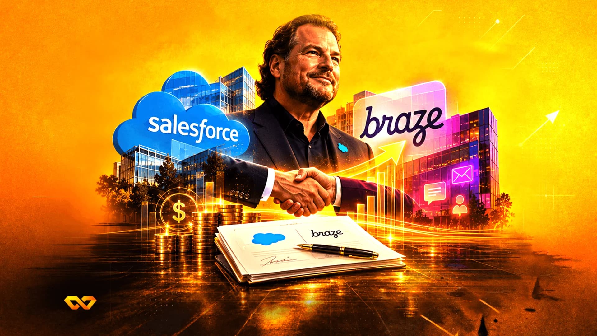 رسم توضيحي رقمي لرجل، شعاري Salesforce وBraze، ومصافحة، وعملات ذهبية فوق مشهد لمدينة.