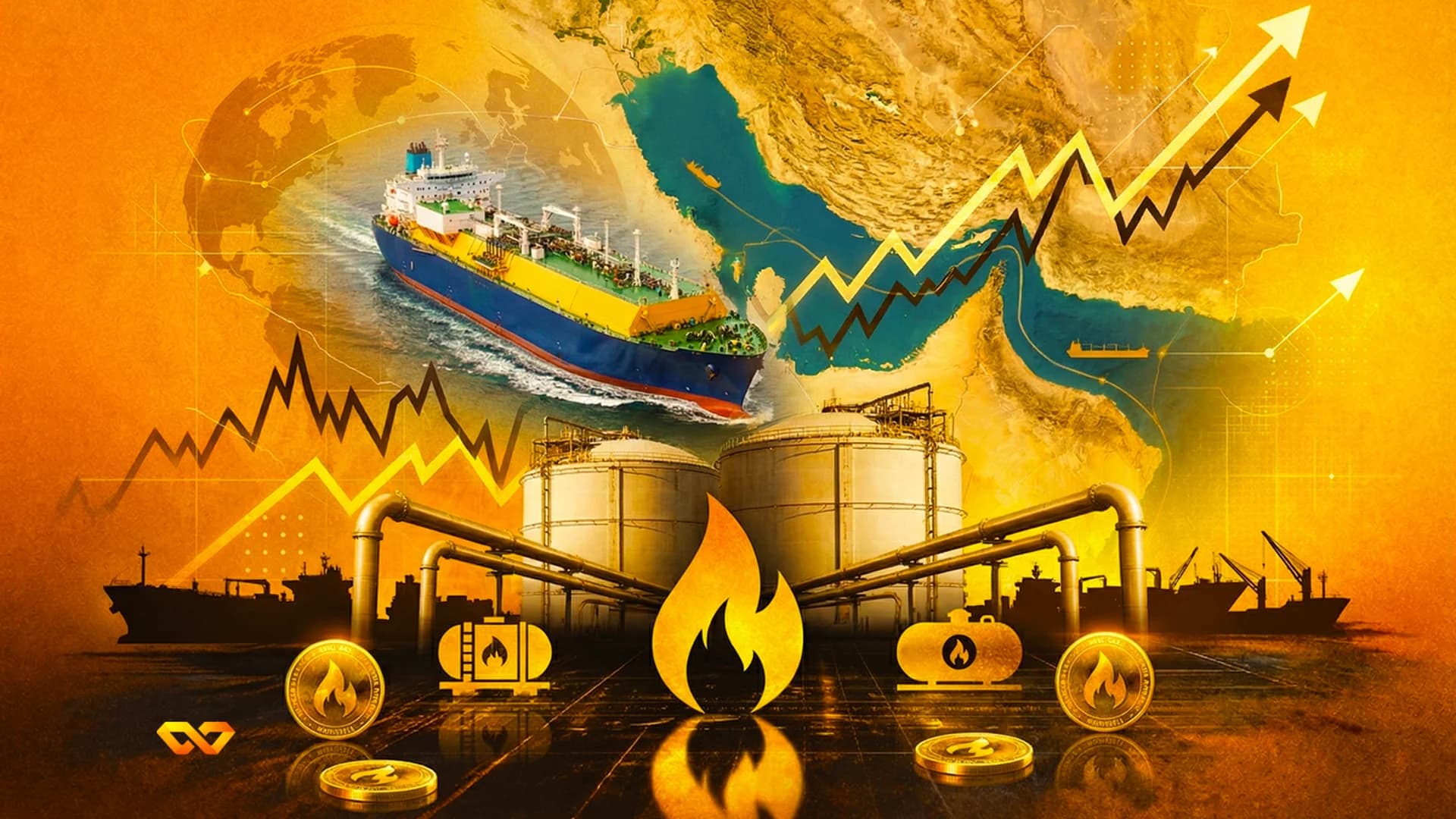 An oil tanker ship, storage tanks, pipes, and financial charts are set against a map of the Middle East. A flame symbol and gold coins are in the foreground.