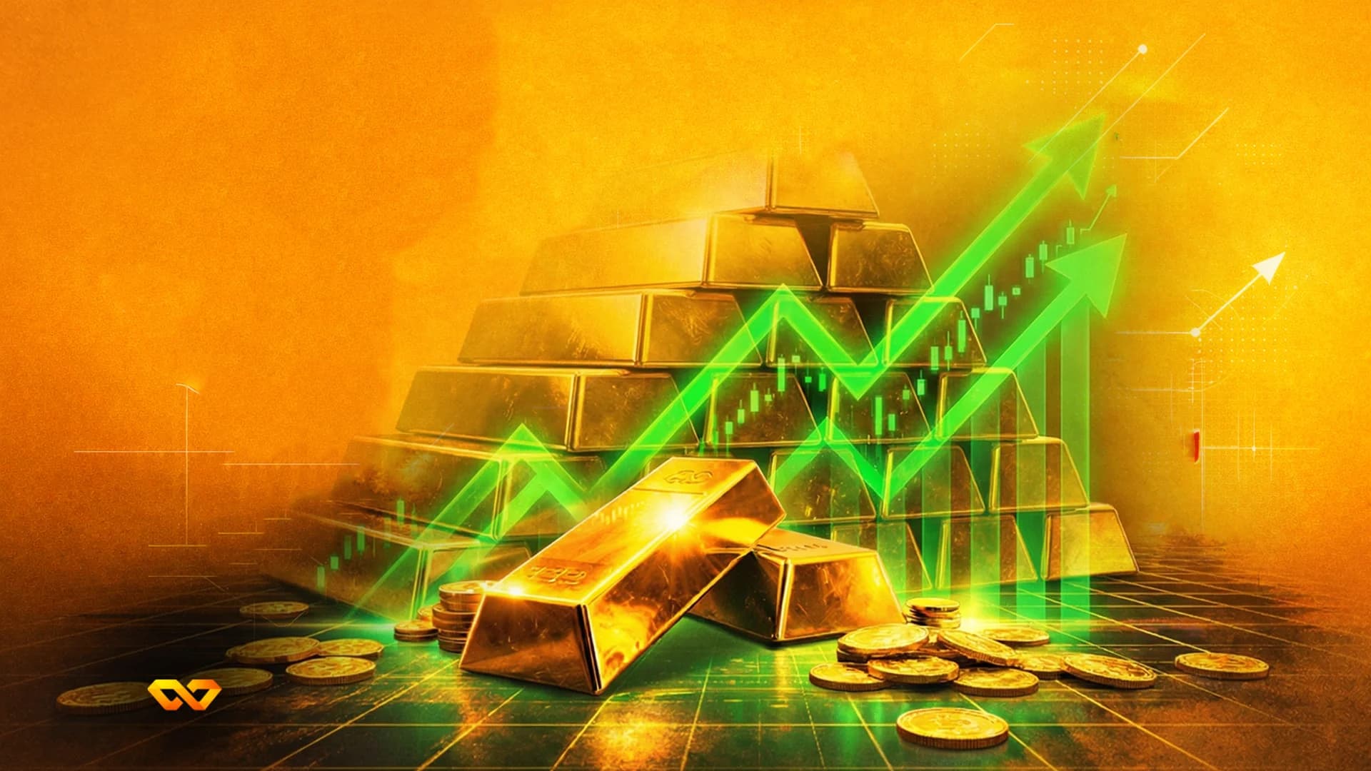 A pyramid of gold bars and scattered gold coins with a green upward-trending financial chart and arrows on an orange background.
