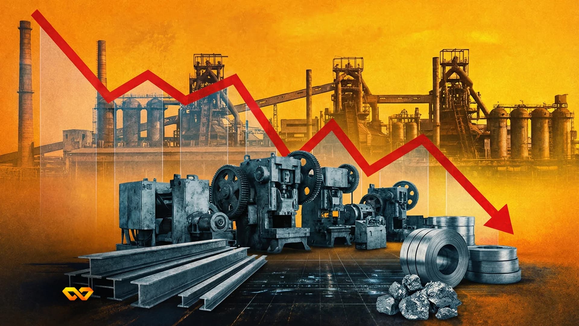 Industrial scene with steel mills, heavy machinery, steel beams, coiled metal, and coal under a large red downward arrow, signifying decline.