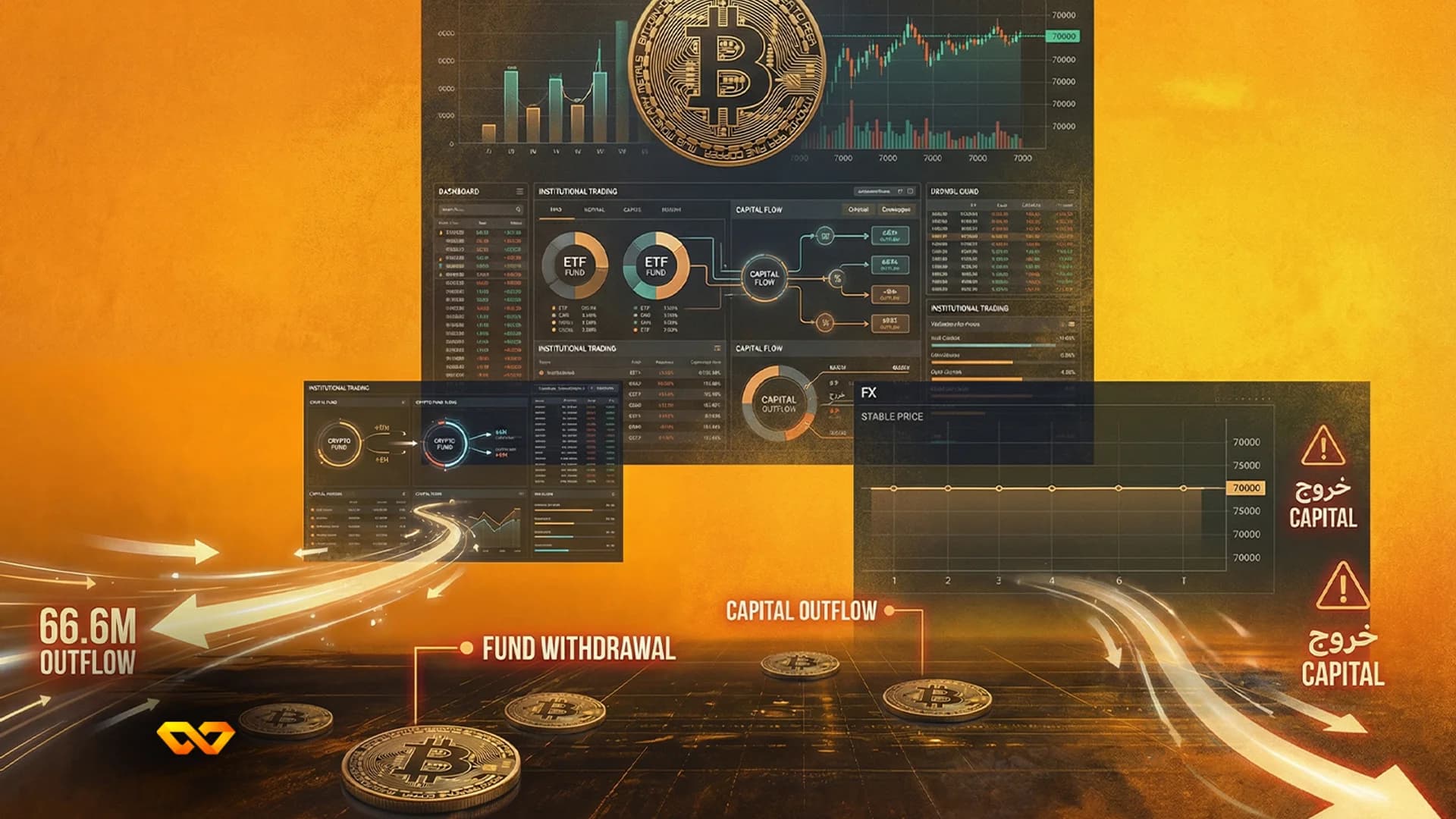 A composite image showing Bitcoin coins, financial dashboards with charts and data, and arrows indicating capital outflow and fund withdrawal.