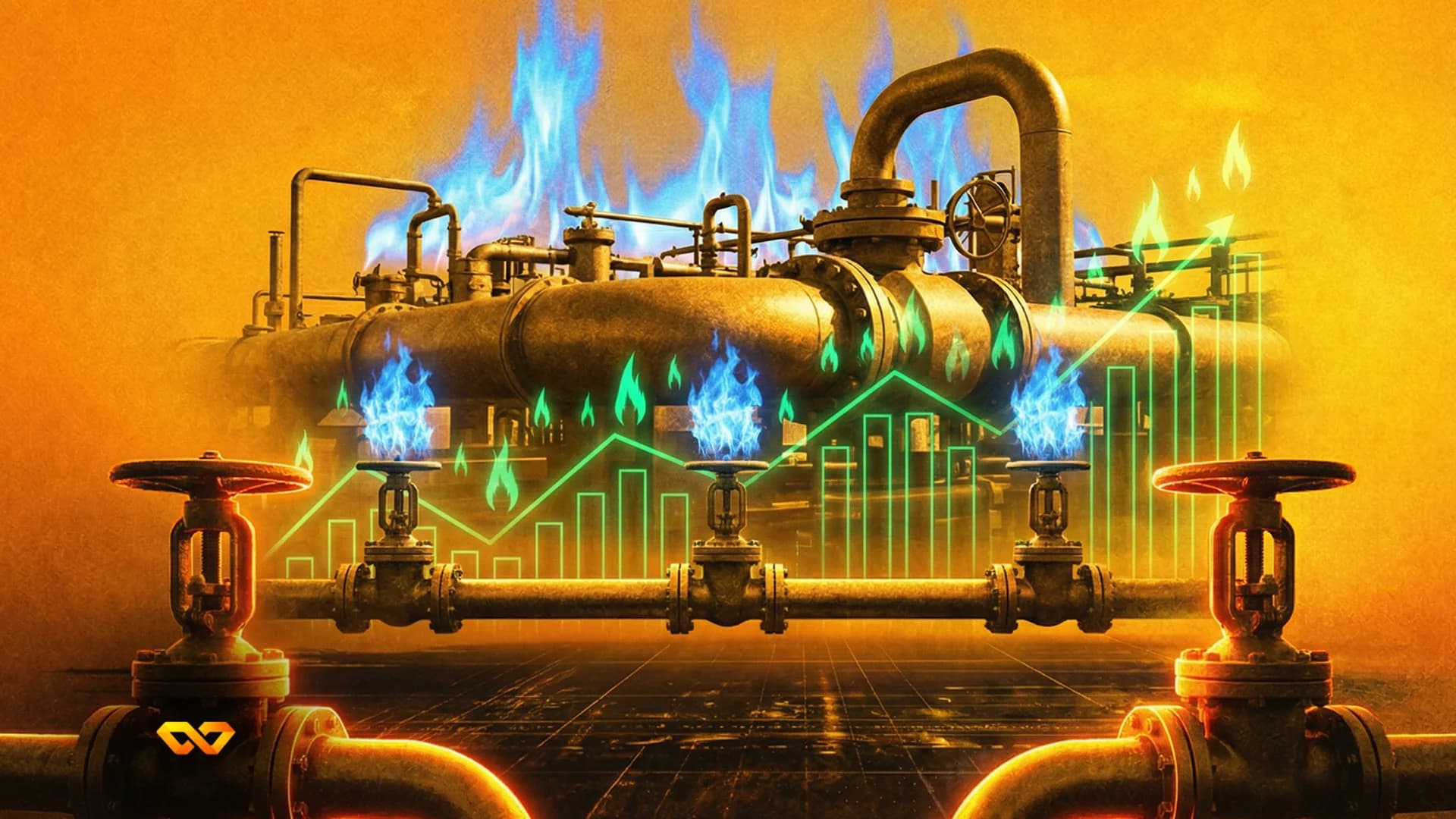 Industrial pipes and valves with blue and green flames, overlaid with a green line and bar chart, on an orange background.