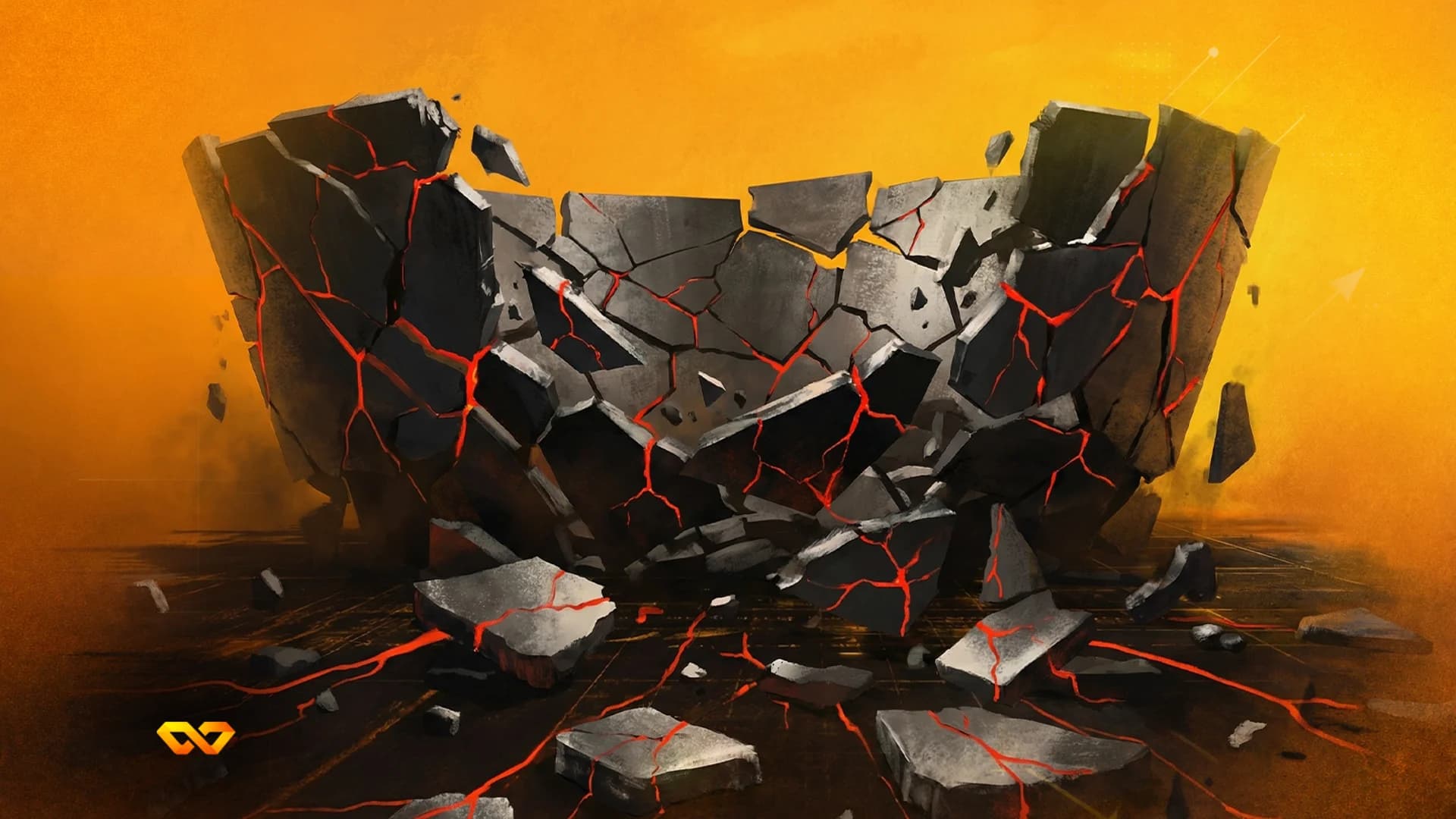 A large, dark, broken bowl-like structure with glowing red cracks, shattered into pieces on an orange background. A small orange logo is in the bottom left.