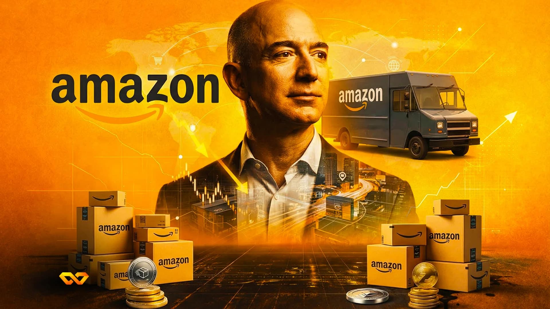 شعار أمازون على واجهة مبنى حديث مع خلفية حضرية