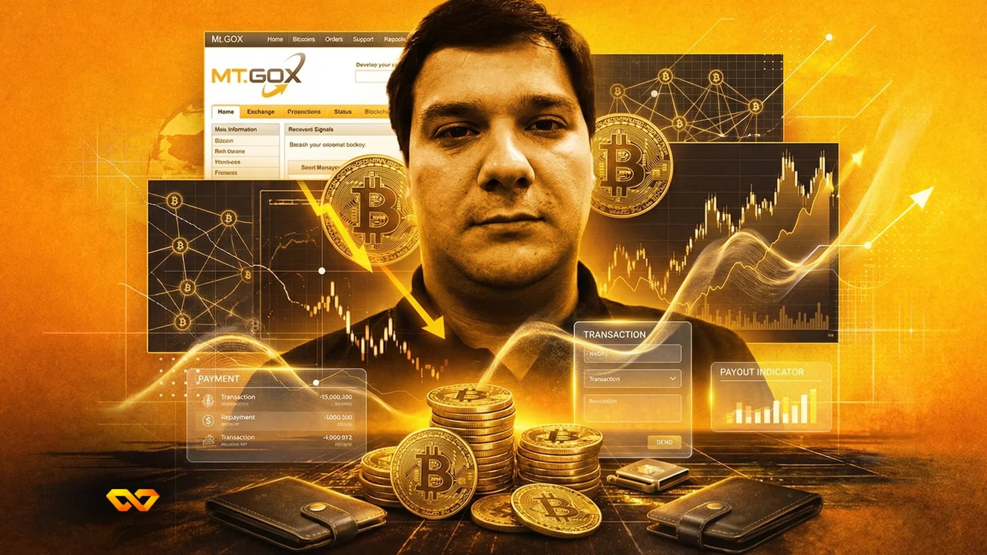 Mt. Gox logo with digital Bitcoin coins against a trading screen background