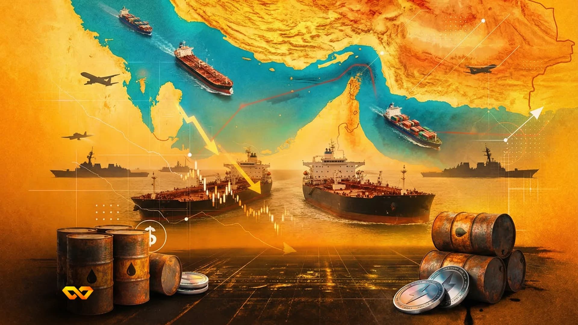 A map of the Middle East with container ships, oil tankers, warships, and aircraft. Oil barrels and crypto coins are in the foreground, with financial charts and trend arrows.