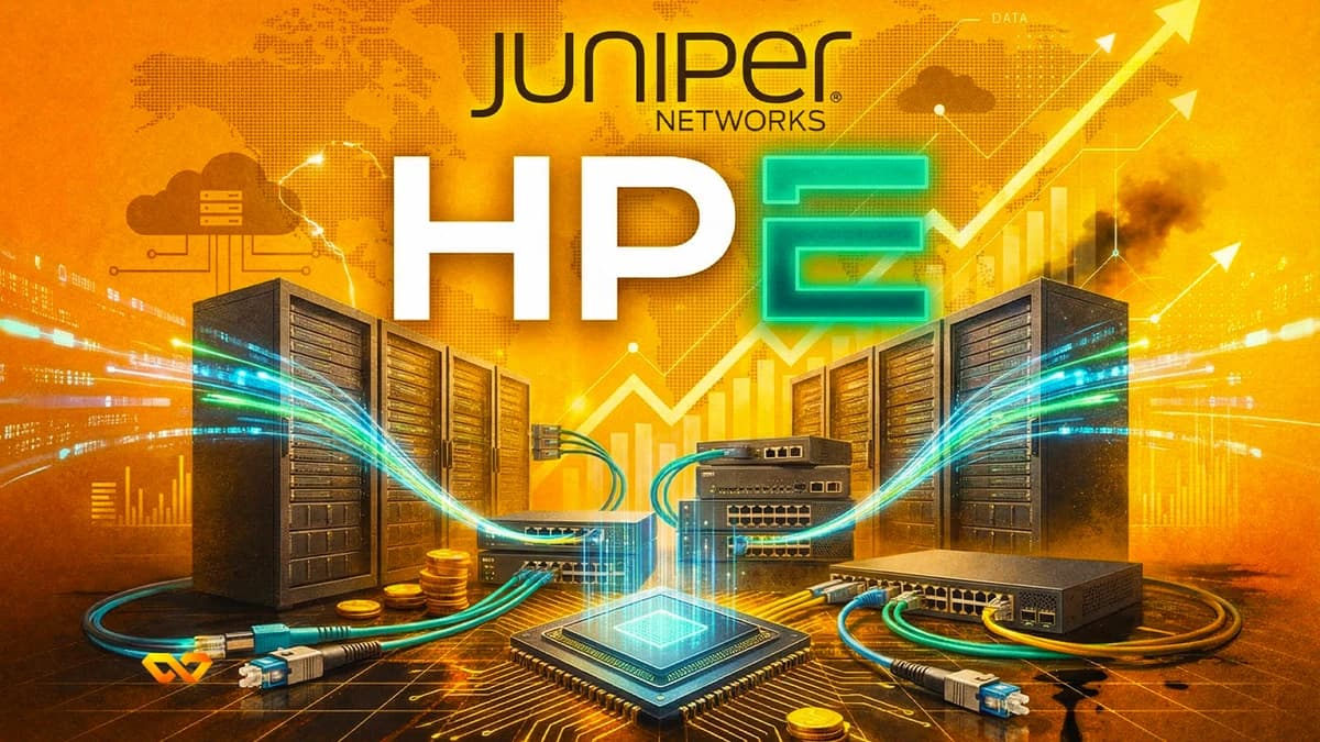 Juniper Networks and HPE logos over server racks, network switches, cables, a CPU, and gold coins on a data background.