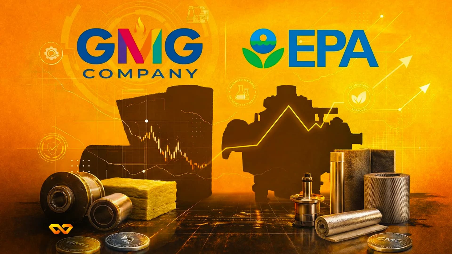 GMG storefront with company logo and a stock market chart on screen