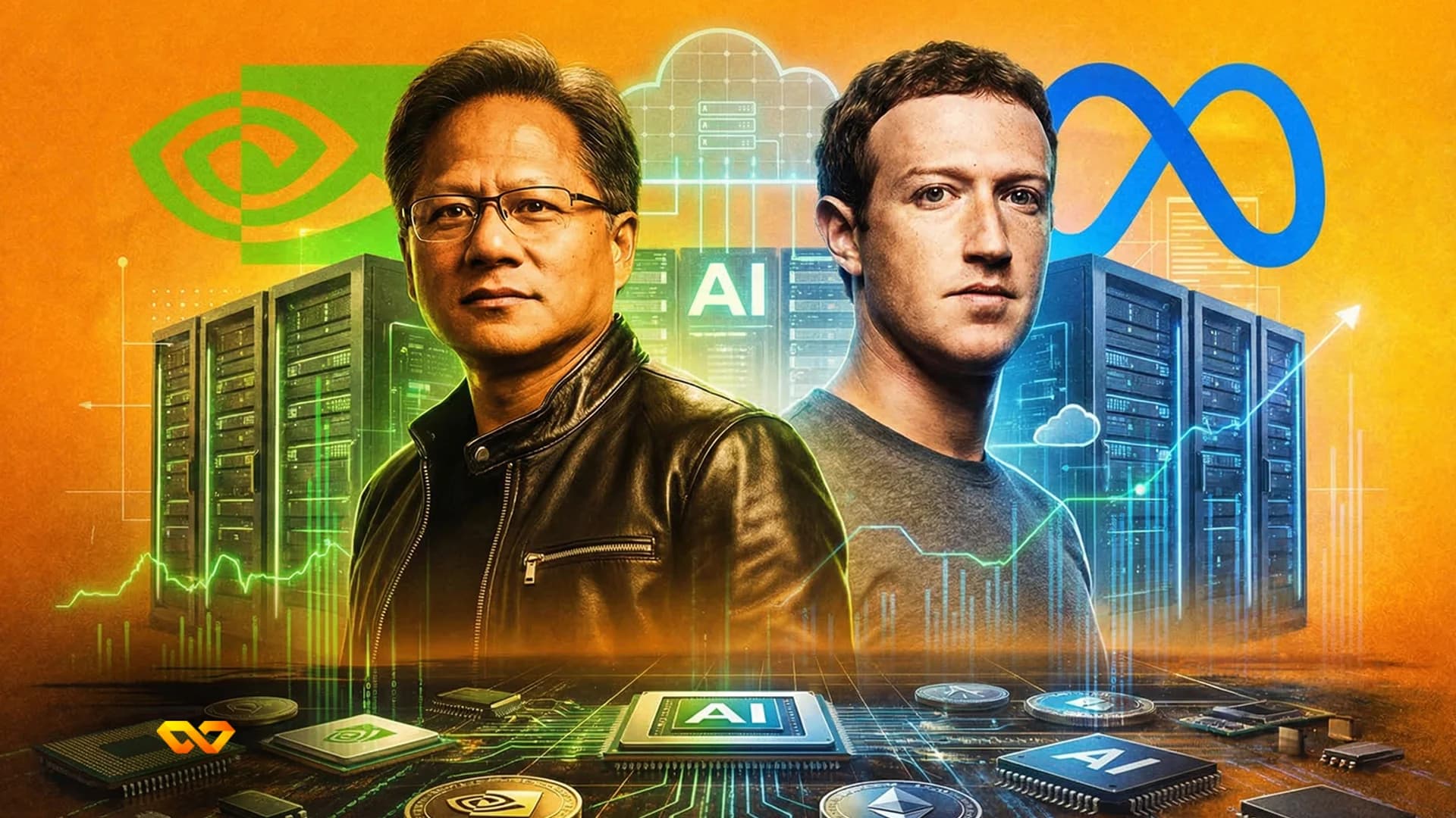 شعار إنفيديا على شاشة رقمية مع خلفية لرقائق إلكترونية