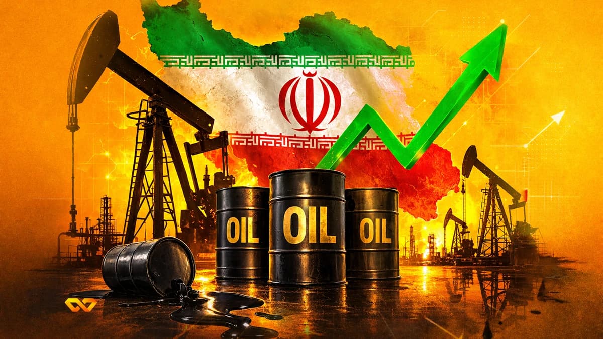 Oil derricks, barrels, and spilled oil against the Iranian flag and map, with a green upward arrow on an orange background.