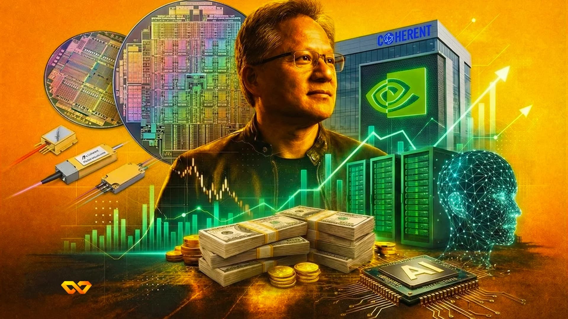 شعار إنفيديا على شاشة رقمية مع خلفية من رقائق الذكاء الاصطناعي