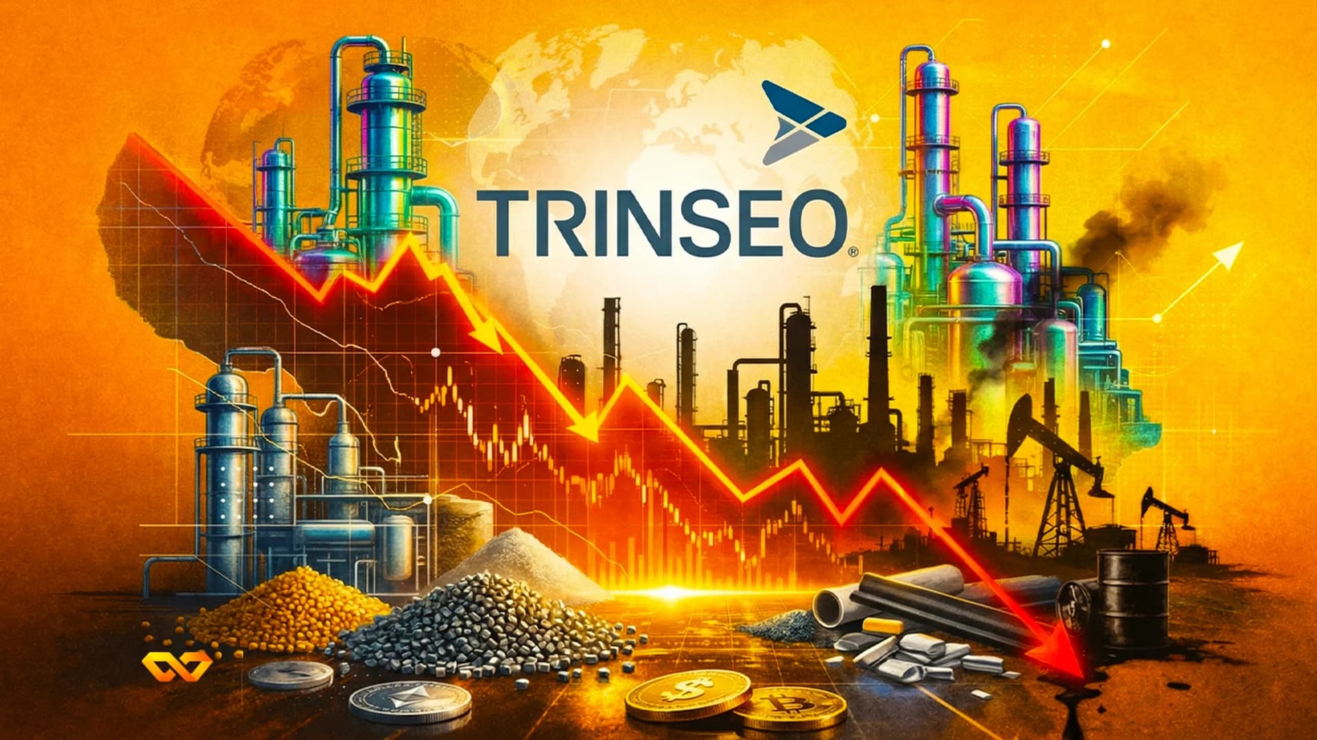 Industrial landscape with refineries, oil pumps, and a global map. A red downward chart arrow, TRINSEO logo, pellets, metal, oil barrel, and crypto coins.