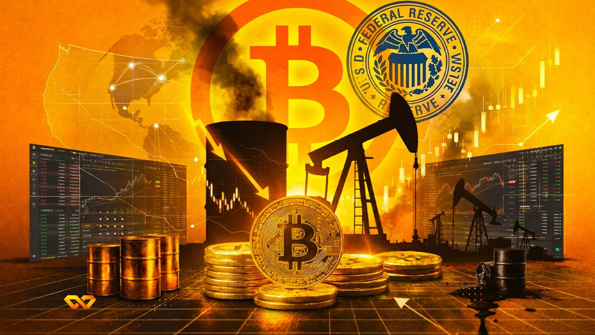 Orange and yellow image with a large Bitcoin symbol, Federal Reserve seal, oil derricks, and stacks of Bitcoin coins. Digital charts, a world map, market trend arrows, and smoke are visible.