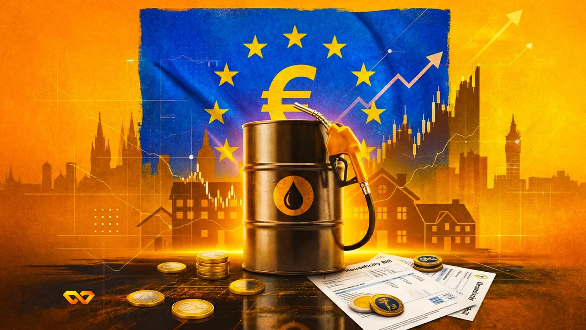 An oil barrel, fuel pump, and Euro symbol on an EU flag, with city silhouettes, rising financial charts, Euro coins, and utility bills.