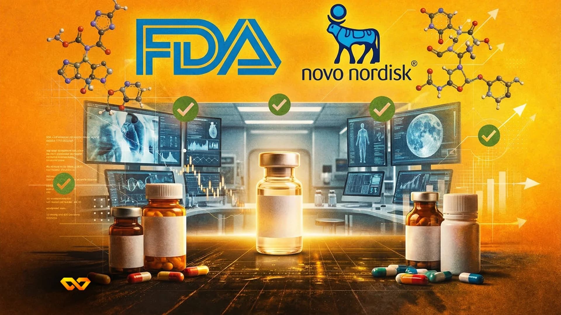 Logotipo de Novo Nordisk en la fachada de un edificio farmacéutico