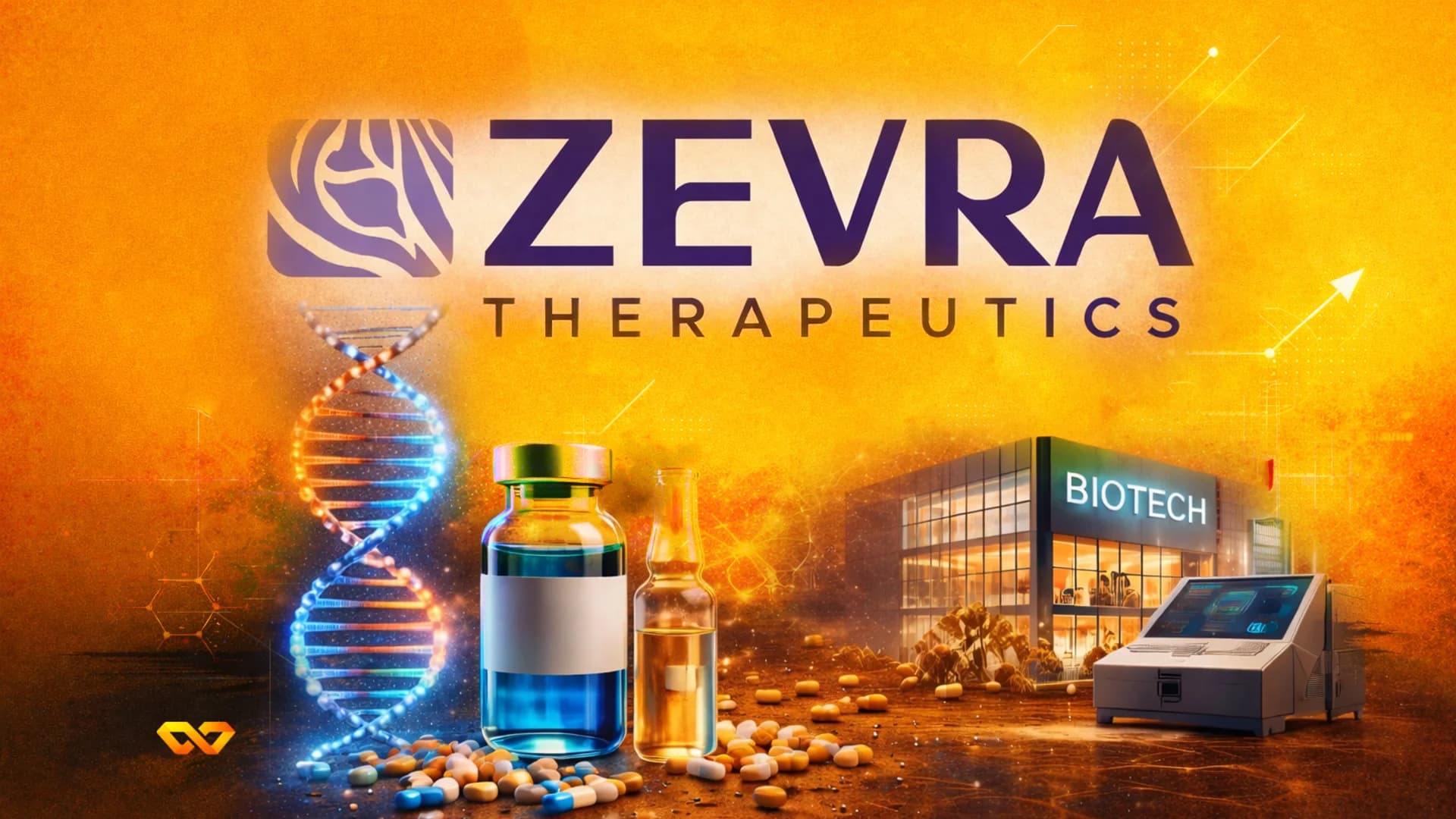 Zevra Therapeutics logo on a modern office facade with a stock chart screen