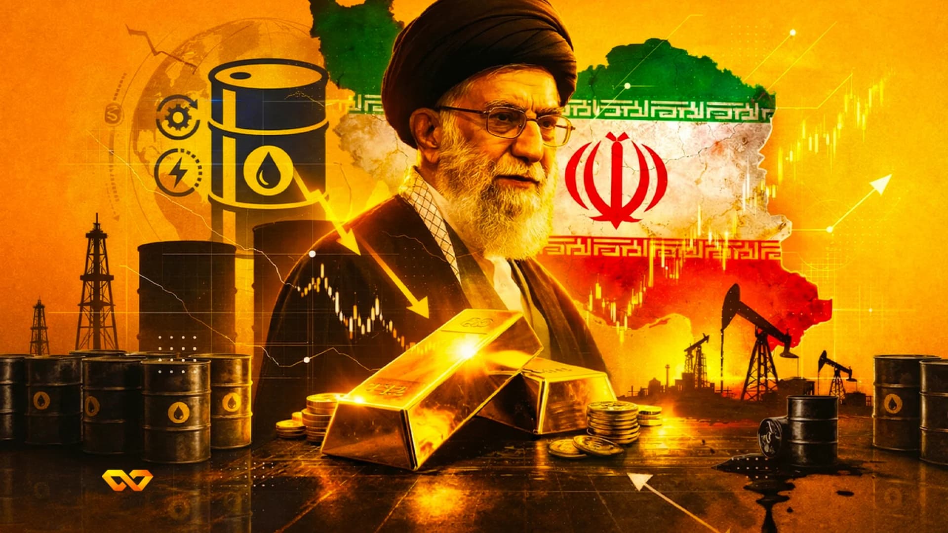 A man in a black turban and glasses stands before a map of Iran with its flag. Oil barrels, derricks, gold bars, coins, and financial charts are visible.