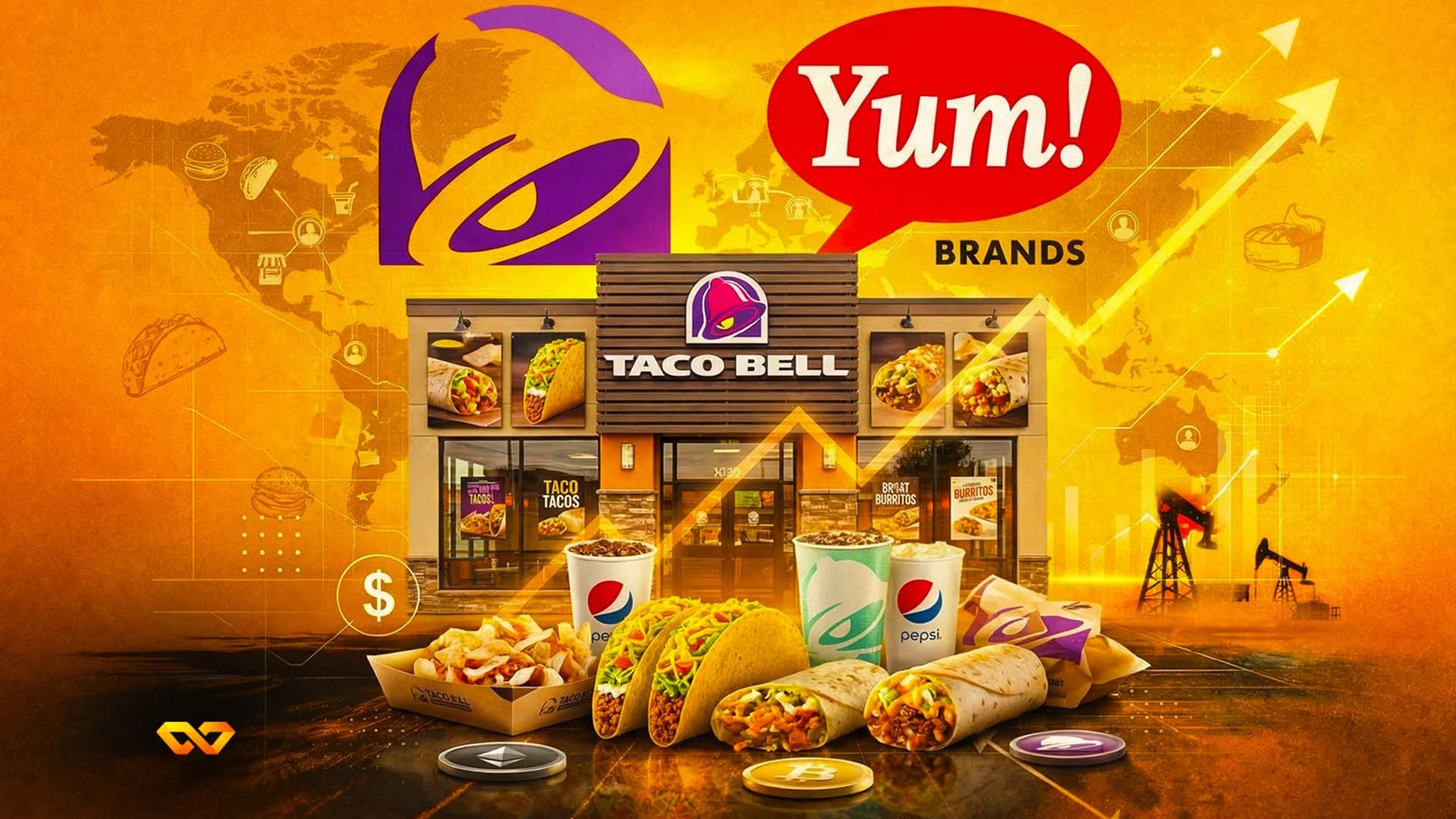 Taco Bell restaurant with food items, Pepsi drinks, and logos for Taco Bell and Yum! Brands, set against a world map with financial symbols, crypto coins, and upward arrows.