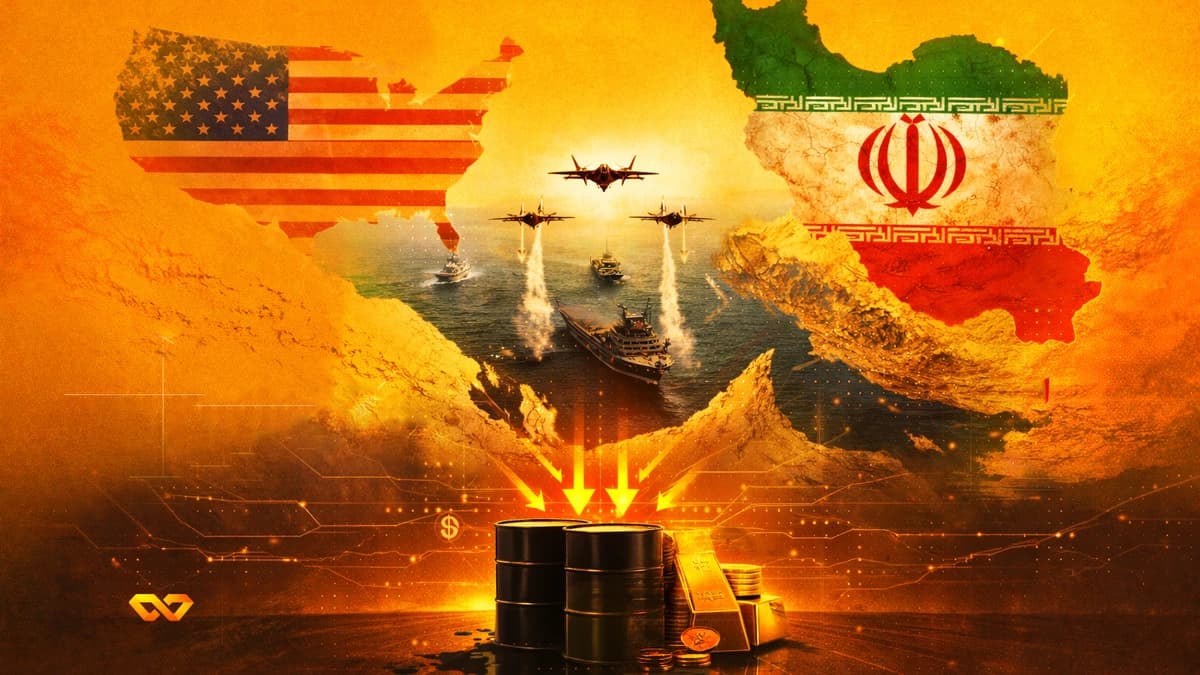 Maps of USA and Iran with flags, military jets, warships, oil barrels, gold, and dollar signs, against an orange digital background.