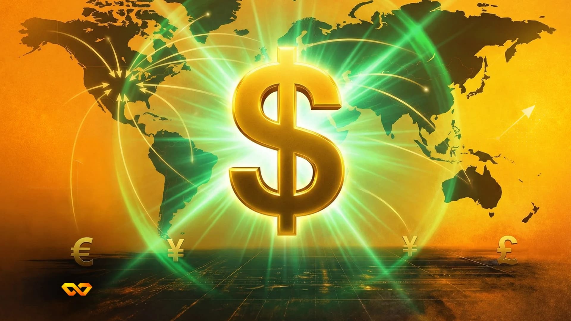 A glowing golden dollar sign at the center of a world map with green light rays and arrows indicating global financial flow. Euro, Yen, and Pound symbols are at the bottom.