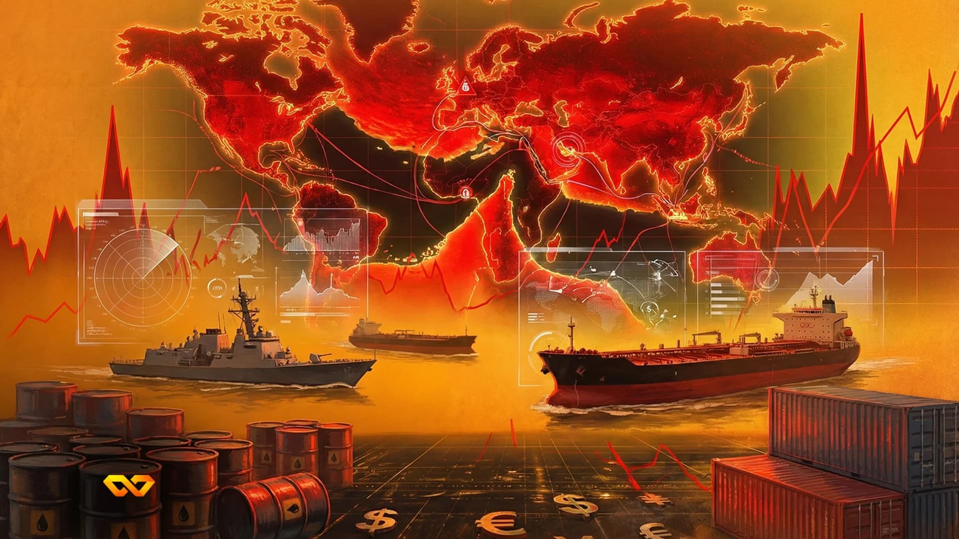 Oil tanker transiting the Strait of Hormuz with patrol vessels in the background