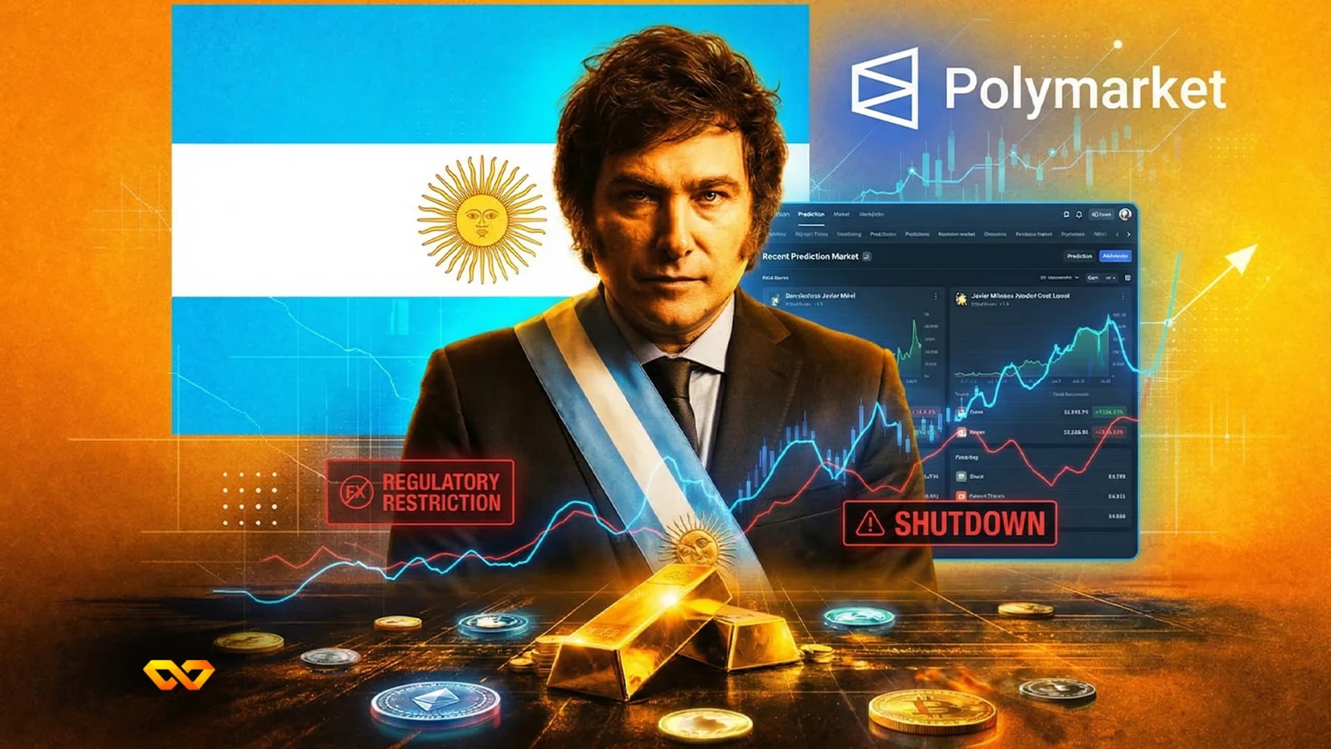 Javier Milei in a suit and presidential sash, in front of the Argentine flag, with Polymarket logo, crypto coins, gold bars, and financial charts with 'Regulatory Restriction' and 'Shutdown' warnings.