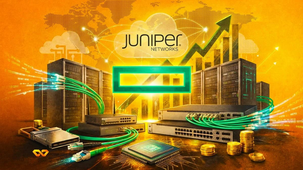 Server racks, network switches, and cables with glowing data streams, a CPU chip, and gold coins on an orange background with Juniper Networks and HPE logos.