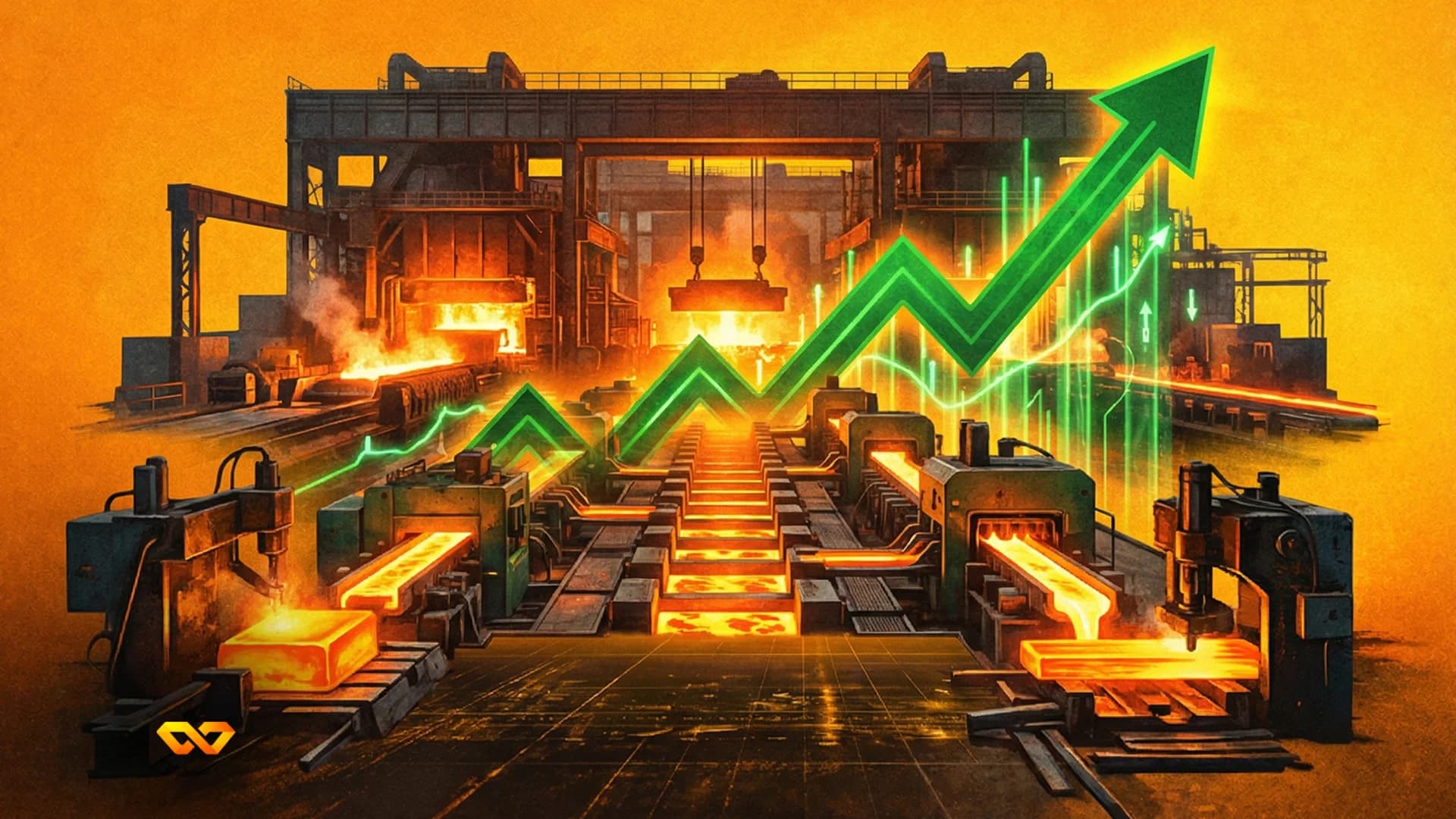 A metal factory with glowing hot steel bars moving through machinery, overlaid with a bright green upward-trending arrow.