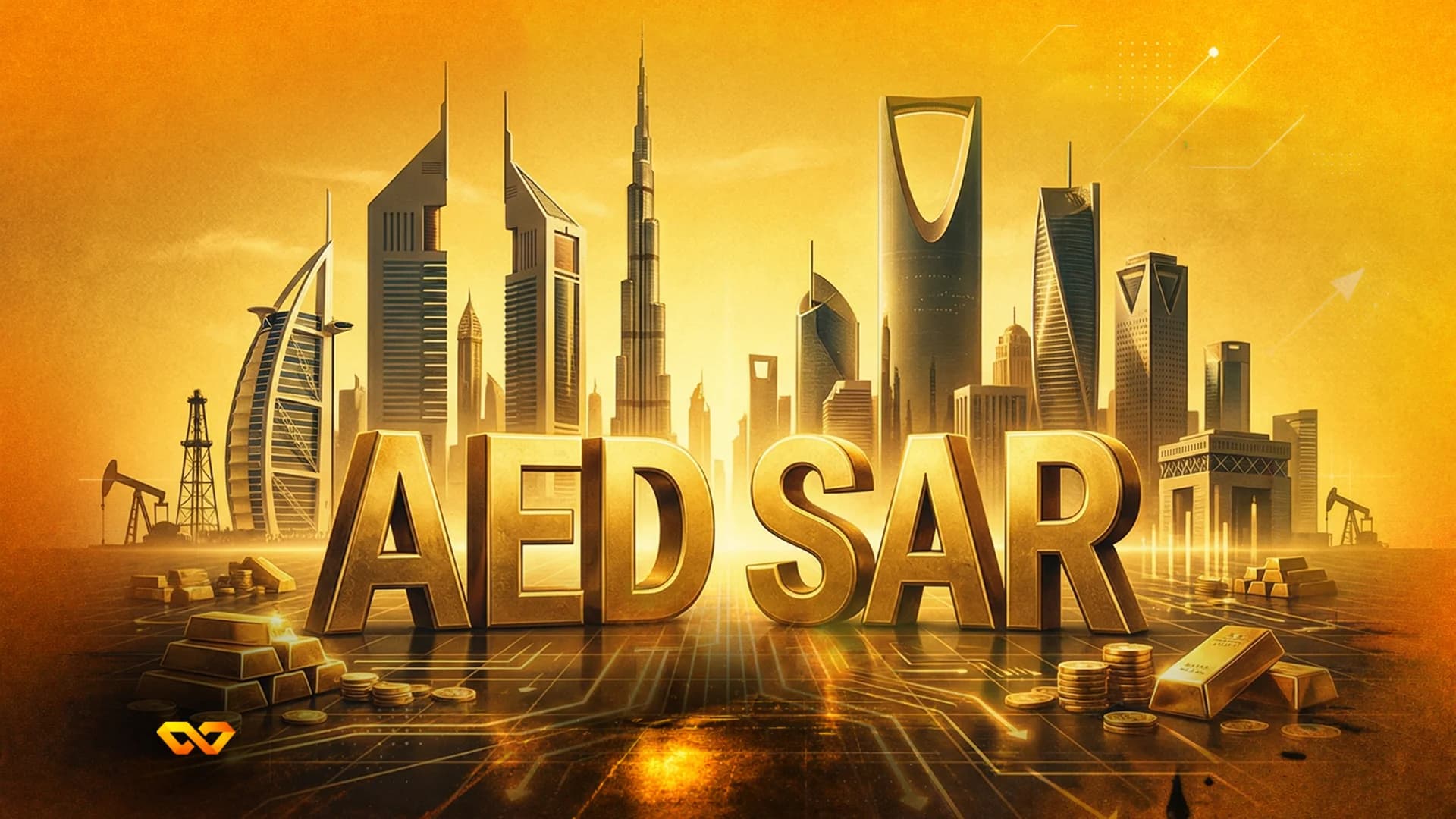 Golden 3D letters 'AED SAR' in front of a cityscape with skyscrapers, oil derricks, gold bars, and coins, on a golden background.
