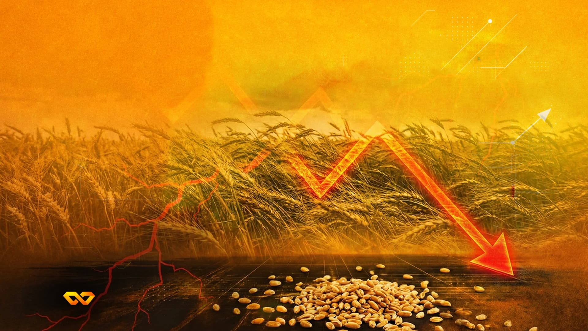 A wheat field under an orange sky with a large red downward arrow and a pile of wheat grains on the ground.