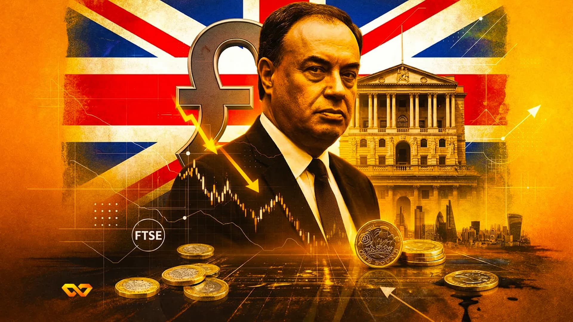 A man in a suit against a UK flag, pound symbol, Bank of England, London skyline, pound coins, and a declining stock chart.