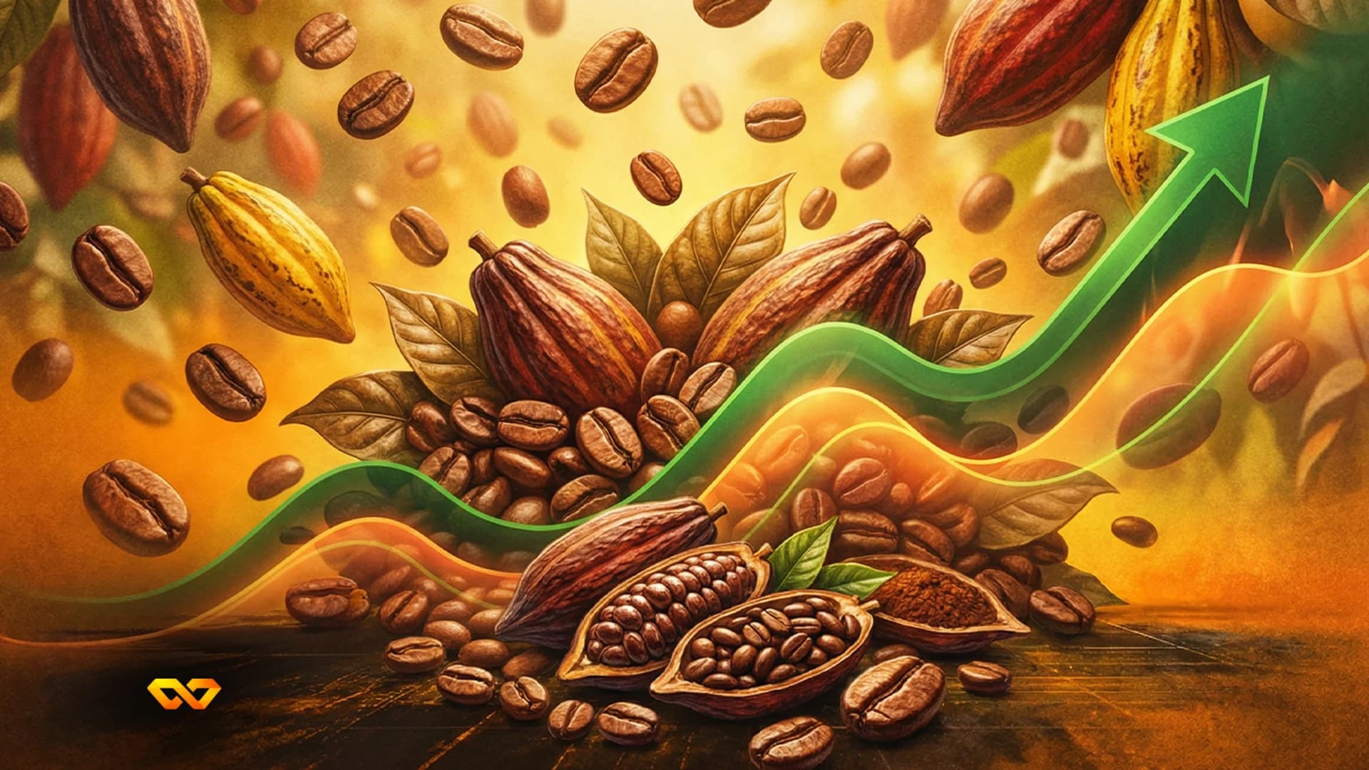 Coffee beans and cocoa pods with an upward-trending green arrow and wavy lines on a warm background.