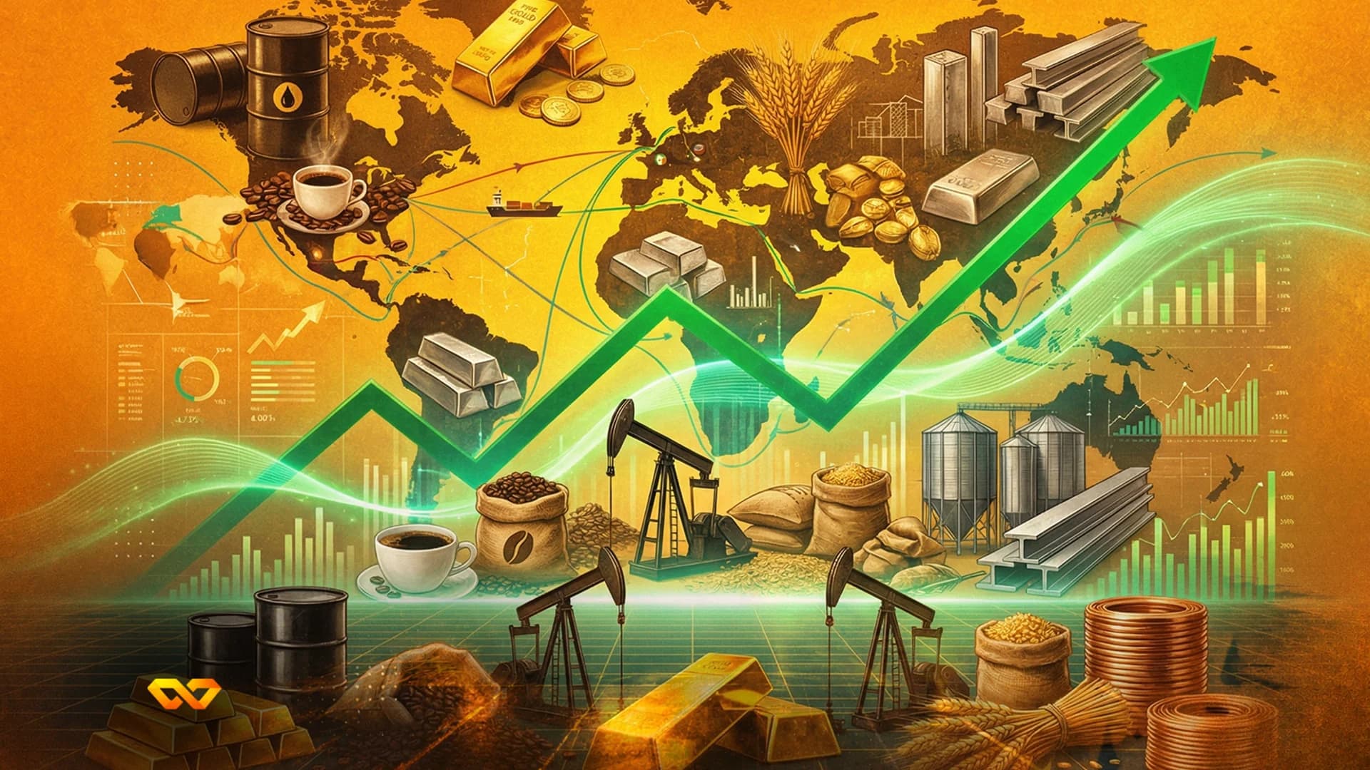 World map with commodities like oil, gold, coffee, wheat, and metals, overlaid with an upward green arrow and financial charts.