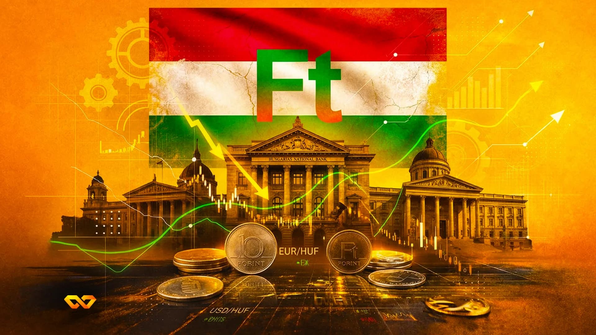 مبنى البنك الوطني المجري مع العلم المجري في بودابست