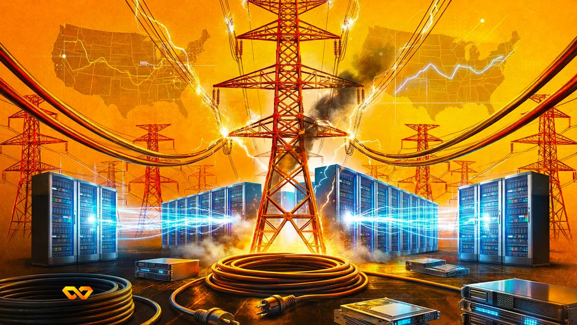 Electricity pylons and power lines connect to data centers with glowing blue lights, set against a US map background.