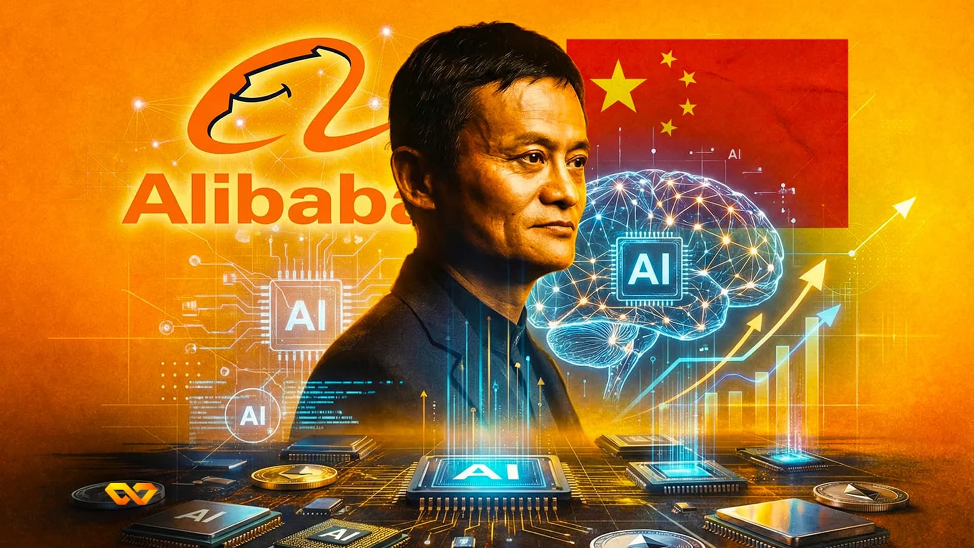 Portrait of a man (Jack Ma) with Alibaba logo and Chinese flag. AI chips, a glowing brain, and upward arrows are visible.