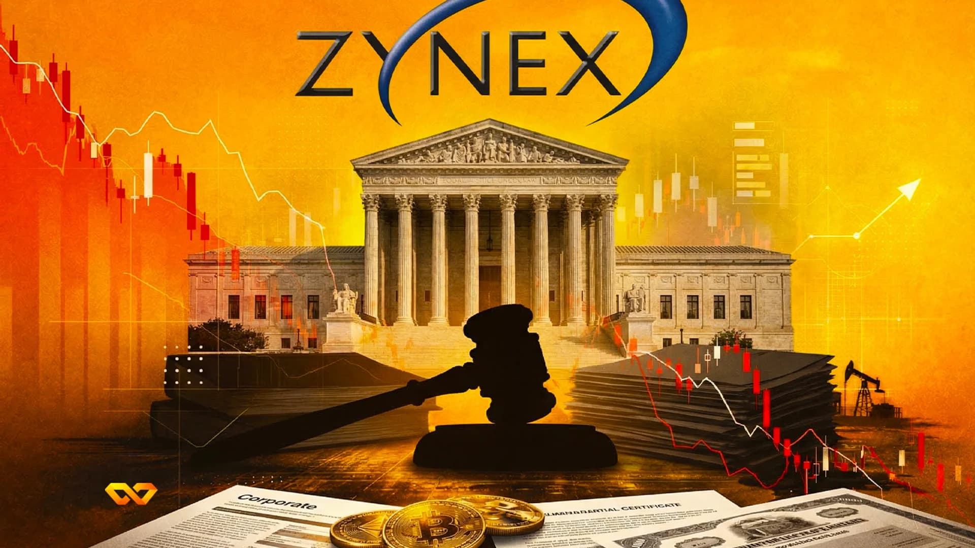 A judge's gavel, Bitcoin coins, financial charts, and documents in front of a courthouse building and an oil rig, with 'ZYNEX' logo.