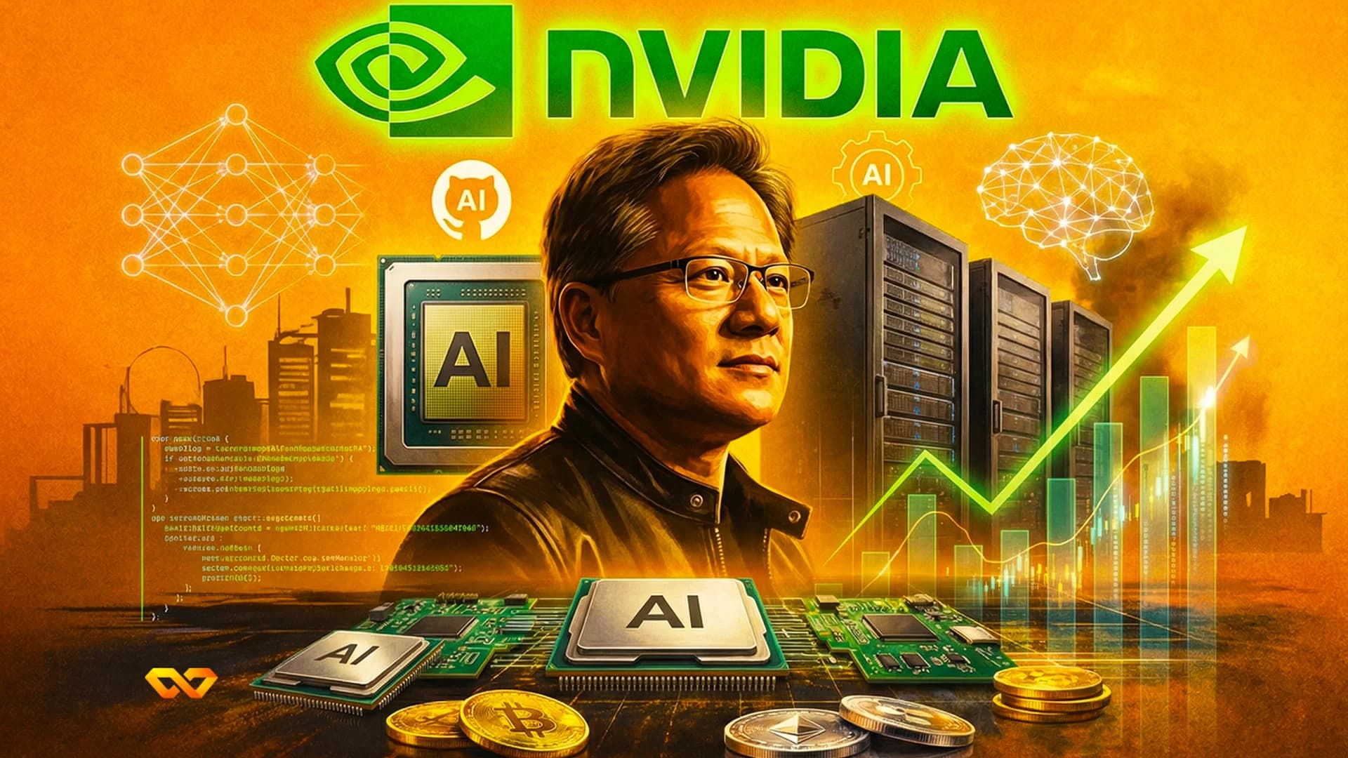 Portrait of Jensen Huang with Nvidia logo, AI chips, server racks, neural network, brain graphic, code, stock chart, and crypto coins on an orange background.