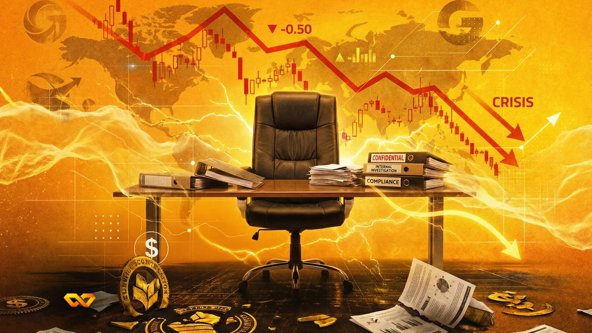 Trader watching red stock screens with a falling market chart on a trading floor